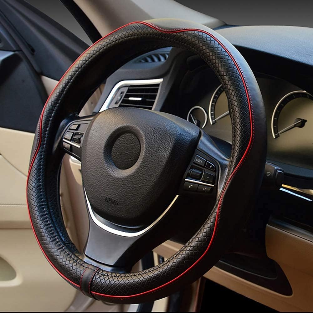 Valleycomfy Steering Wheel Covers Universal 15.75 inch - Genuine Leather, Breathable, Anti Slip &amp; Odor (Black with Red Lines, L(15" 1/2-16"))
