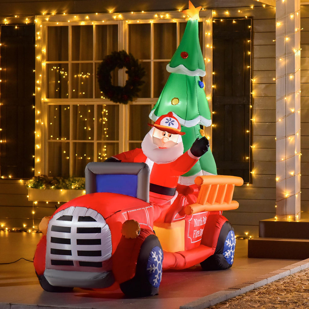 HOMCOM 7.5ft Christmas Santa Inflatable Fire Truck Decoration with LED Lights, Automatic Inflation for Front Yard