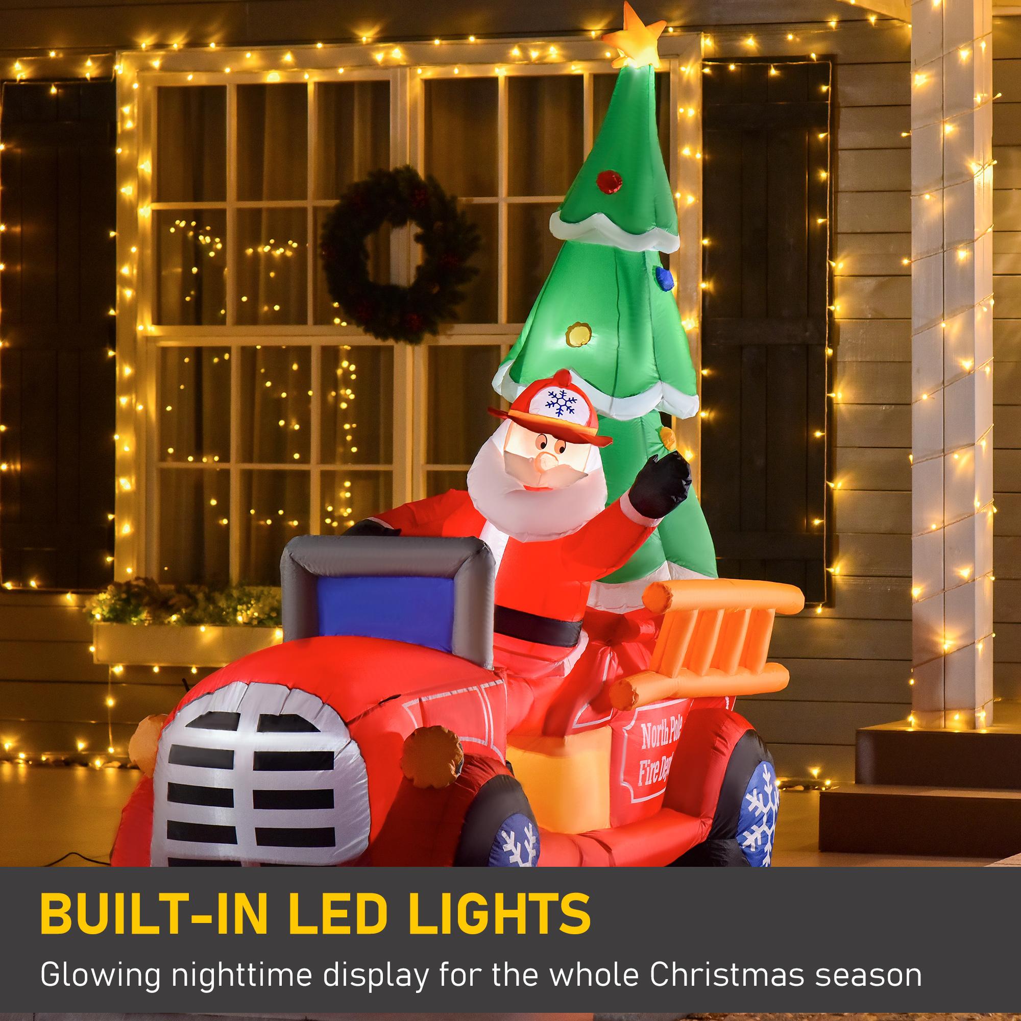 HOMCOM 7.5ft Christmas Santa Inflatable Fire Truck Decoration with LED Lights, Automatic Inflation for Front Yard