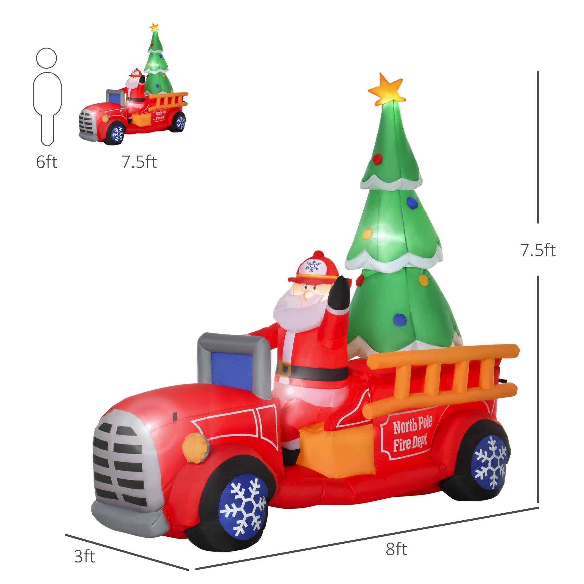 HOMCOM 7.5ft Christmas Santa Inflatable Fire Truck Decoration with LED Lights, Automatic Inflation for Front Yard