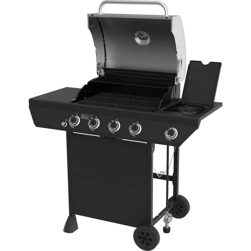 Propane Gas Grill 4-Burner Side Burner   Steel Main Lid Black