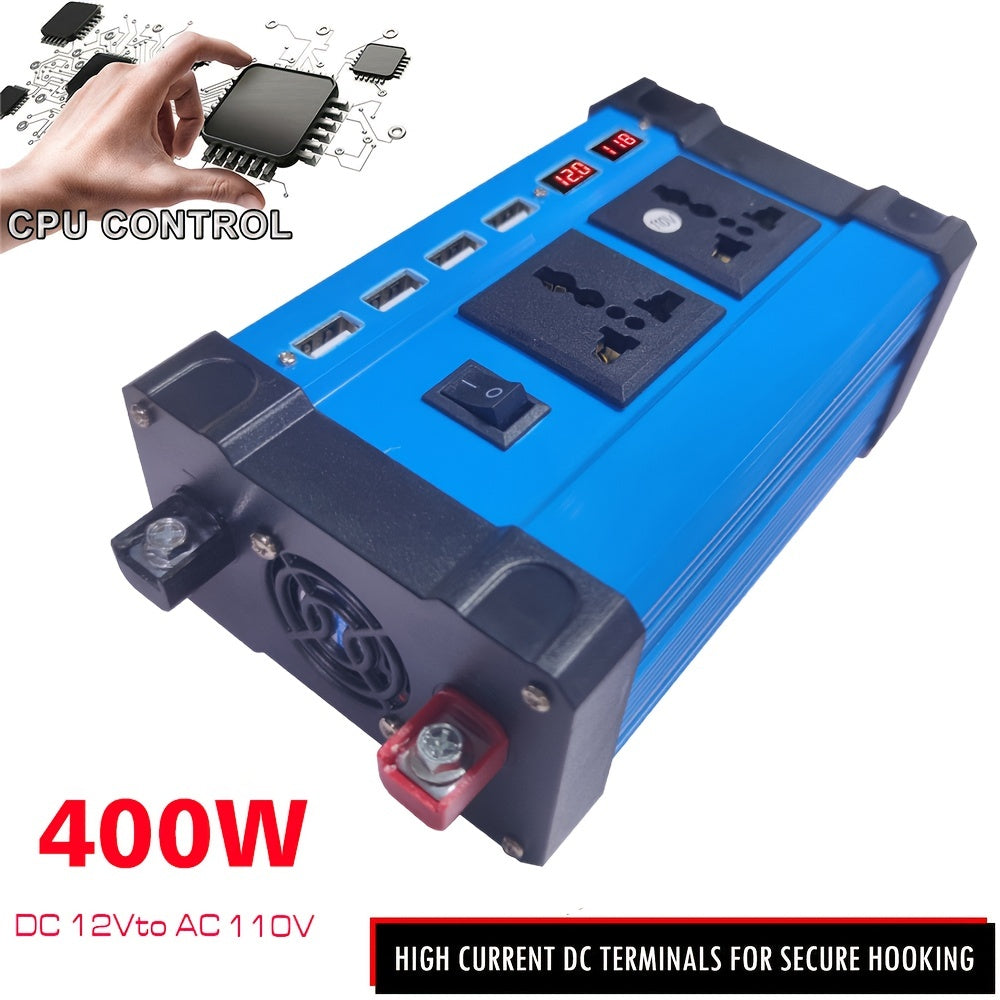 400W Power Inverter: DC 12V to AC 110V with 2 Universal Sockets, 4 USB Chargers &amp; LED Display