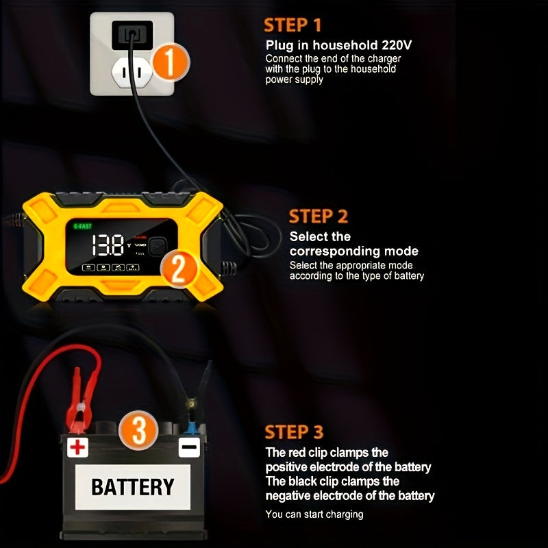 12V 6 Amp Intelligent Automatic Battery Charger/Maintainer With LCD Screen, Impulse Repair &amp; Summer/Winter Modes