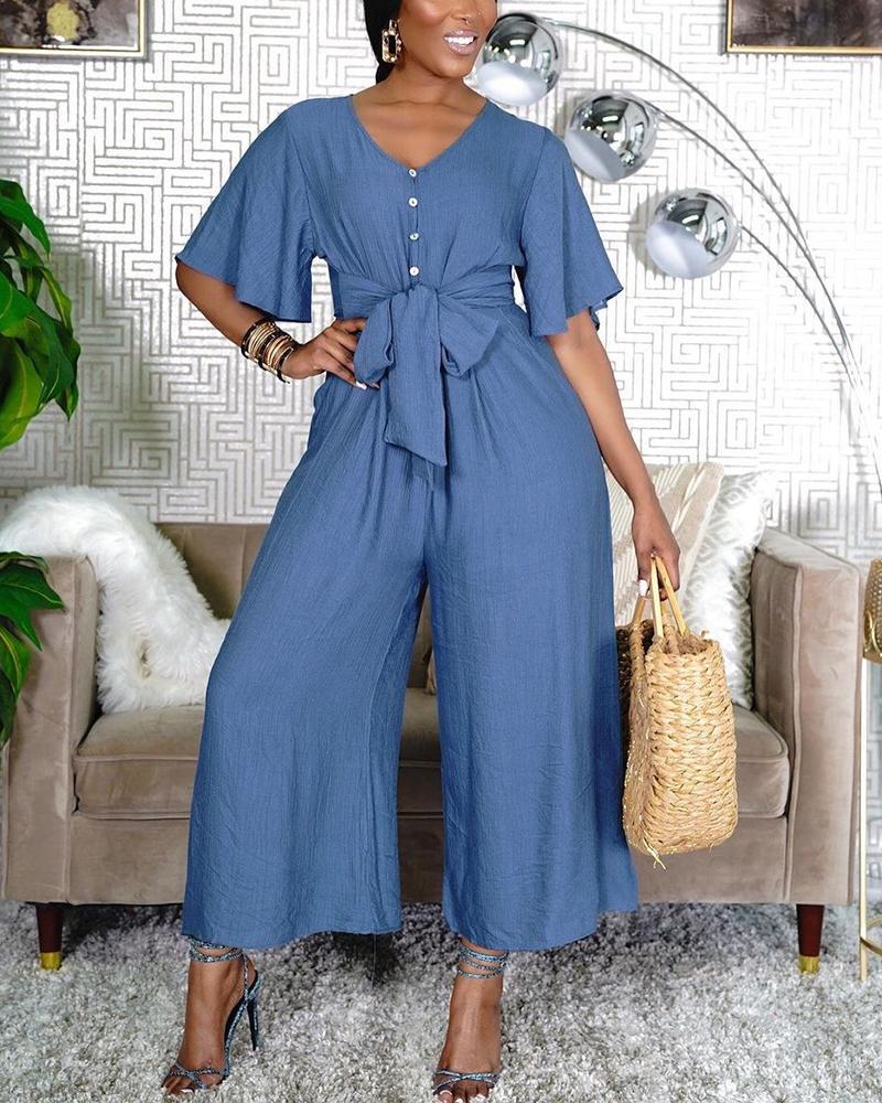 Solid Short Sleeve Lace-up Wide Leg Jumpsuit