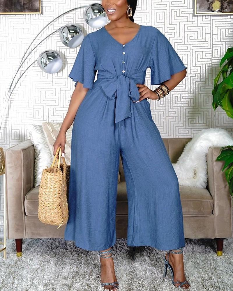 Solid Short Sleeve Lace-up Wide Leg Jumpsuit