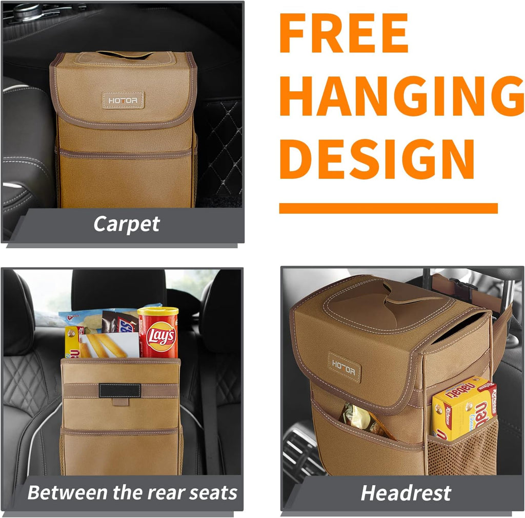 HOTOR Car Trash Can with Lid, Brown Car Trash Bag Hanging with Storage Pockets, Leak-Proof Car Garbage Can with Adjustable Straps, Magnetic Snaps, Waterproof Car Garbage Bin for Interior Car