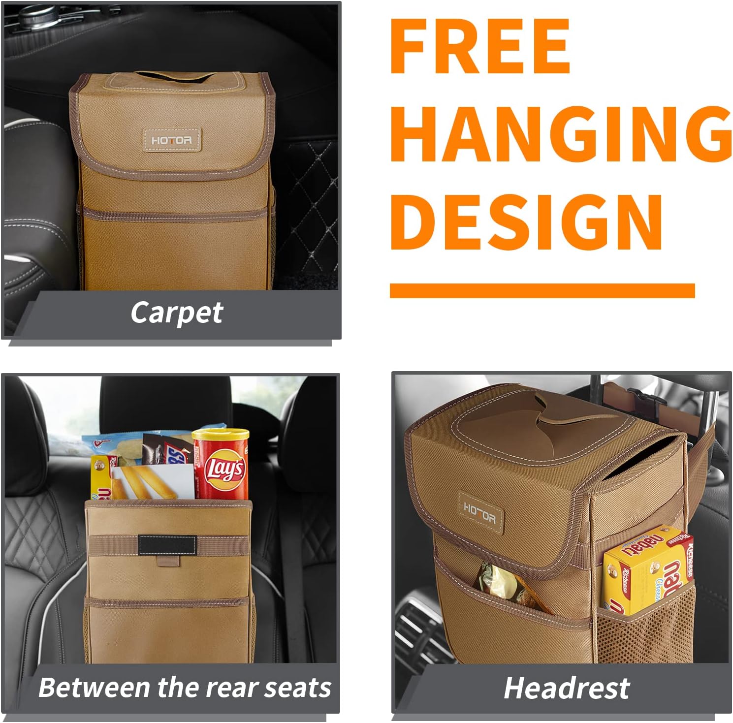 HOTOR Car Trash Can with Lid, Brown Car Trash Bag Hanging with Storage Pockets, Leak-Proof Car Garbage Can with Adjustable Straps, Magnetic Snaps, Waterproof Car Garbage Bin for Interior Car