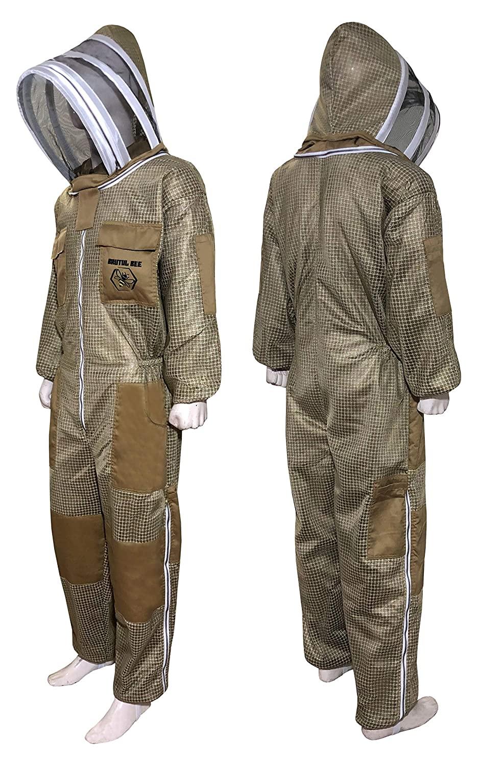 Brutul Bee 3 Layer Beekeeping Ultralight Ventilated Suit with Fencing Veil (Khaki, M)