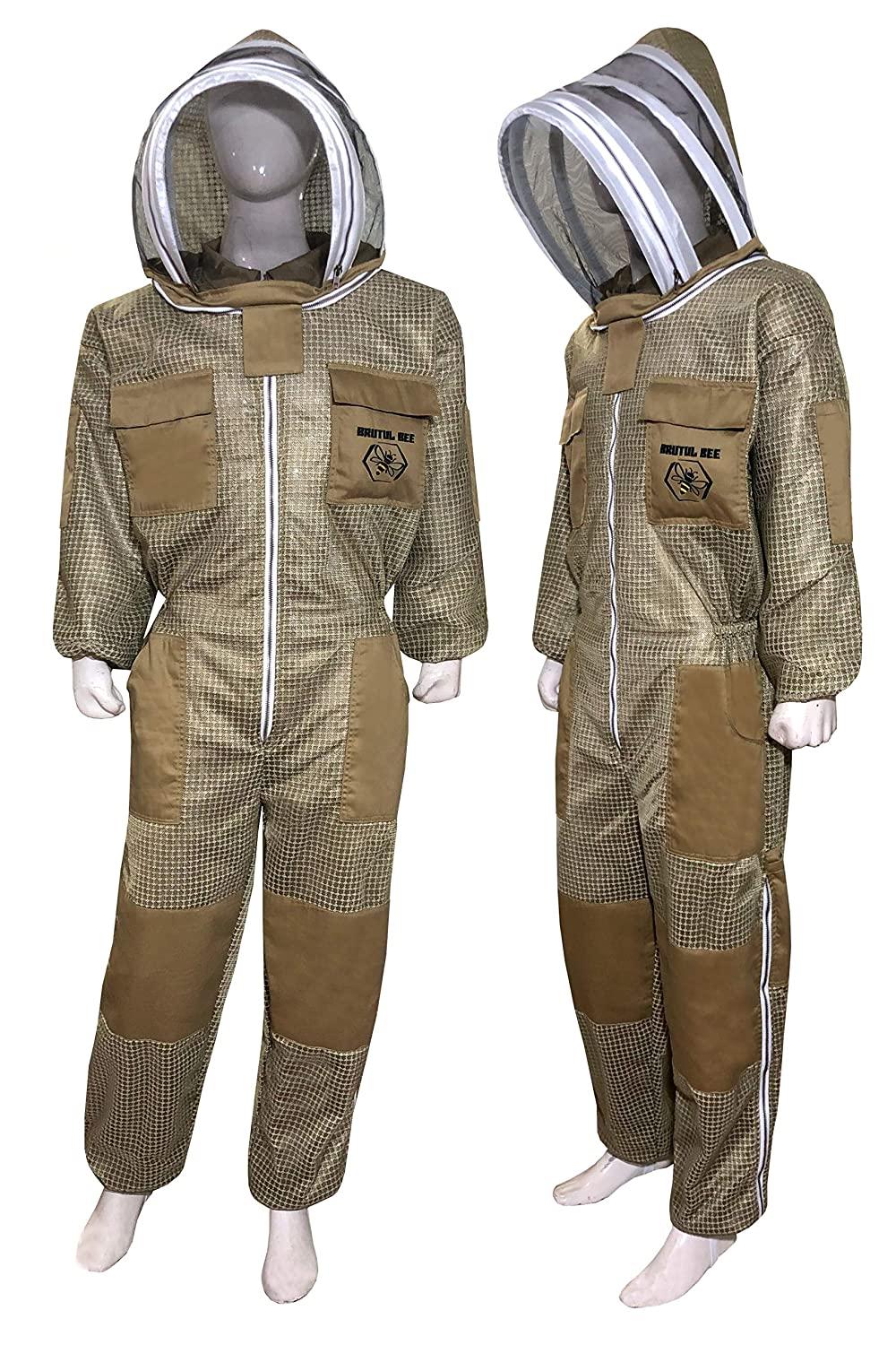 Brutul Bee 3 Layer Beekeeping Ultralight Ventilated Suit with Fencing Veil (Khaki, M)