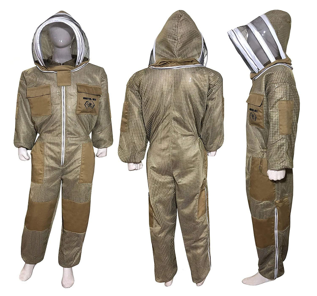 Brutul Bee 3 Layer Beekeeping Ultralight Ventilated Suit with Fencing Veil (Khaki, M)