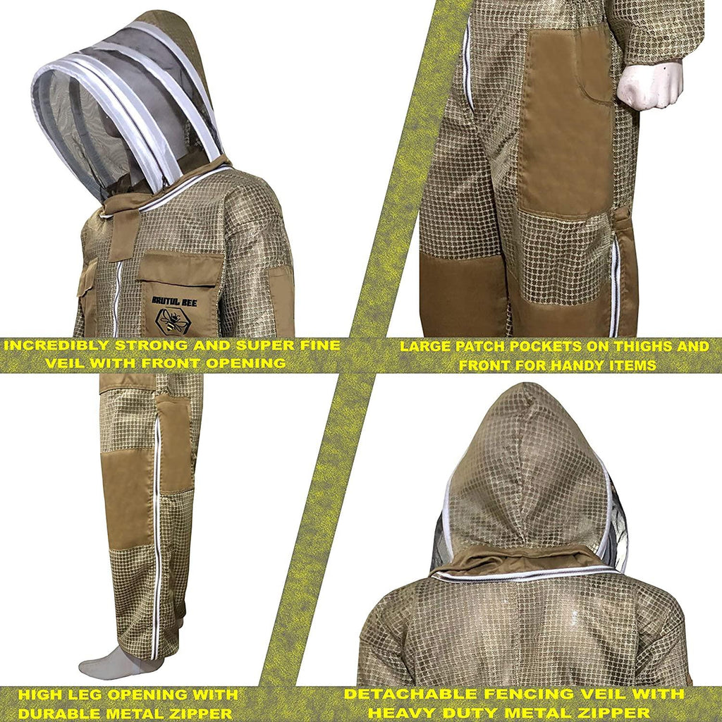 Brutul Bee 3 Layer Beekeeping Ultralight Ventilated Suit with Fencing Veil (Khaki, M)