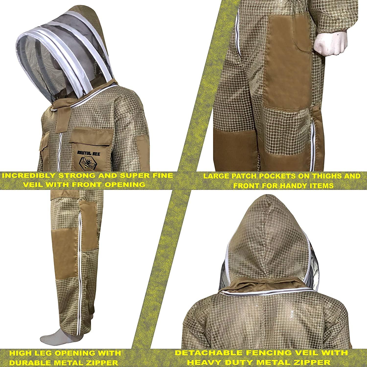 Brutul Bee 3 Layer Beekeeping Ultralight Ventilated Suit with Fencing Veil (Khaki, M)