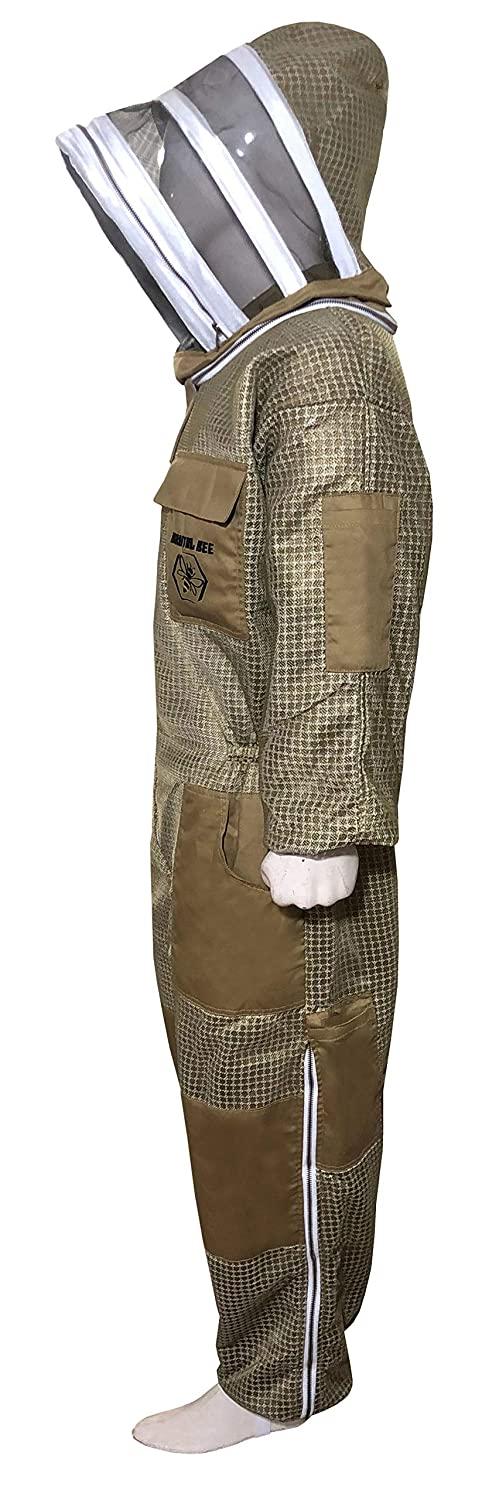 Brutul Bee 3 Layer Beekeeping Ultralight Ventilated Suit with Fencing Veil (Khaki, M)