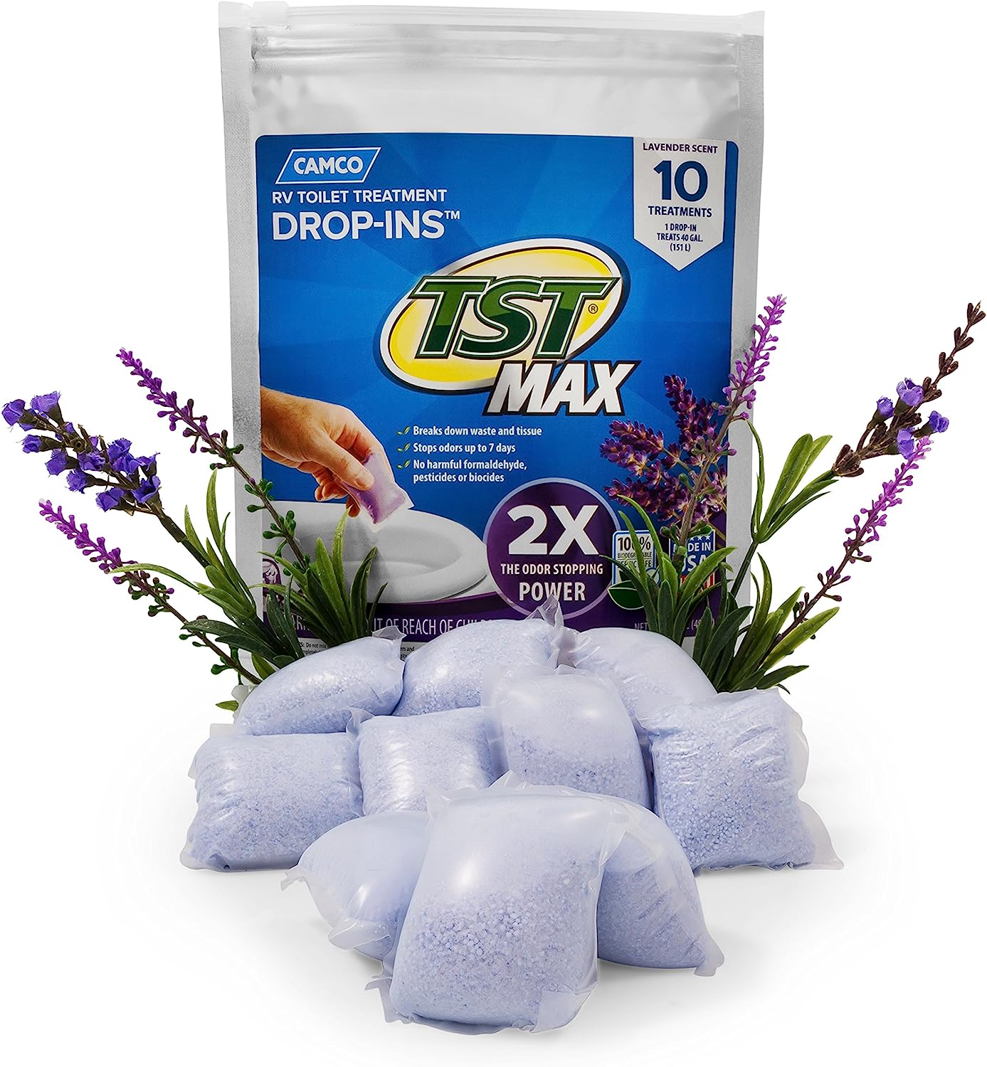 Camco TST MAX RV Toilet Treatment Drop-INs | Control Unwanted Odors and Break Down Waste and Tissue | Septic Tank Safe | Lavender Scent | 10-pack (41556)