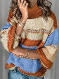 Casual Stripe High Neck Long Sleeves Loose Sweater