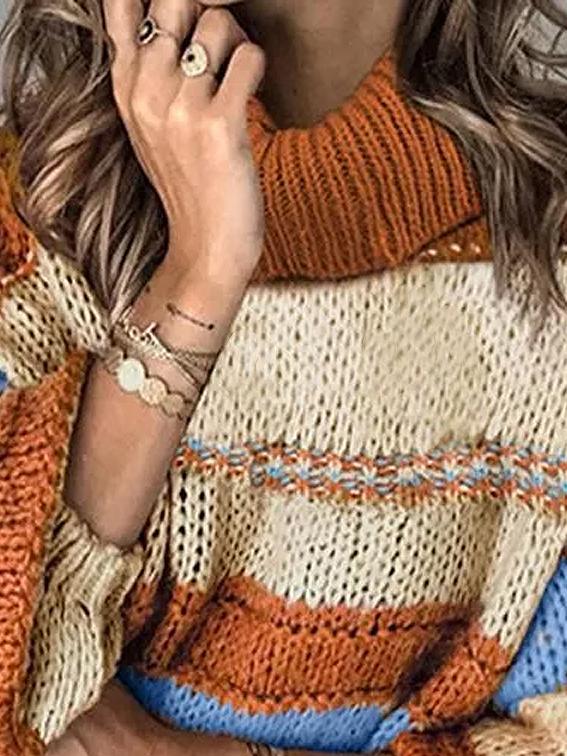 Casual Stripe High Neck Long Sleeves Loose Sweater