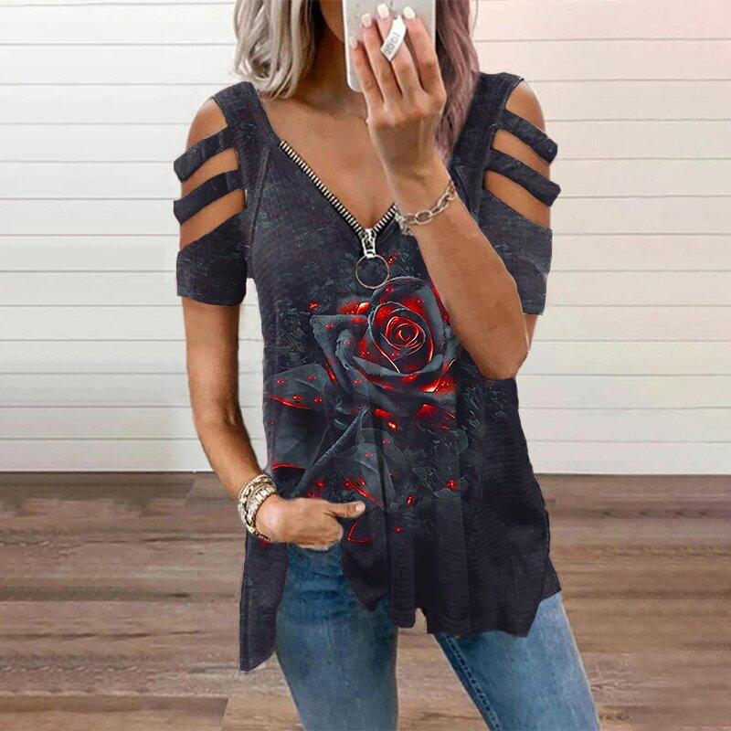 Casual rose print stitching design top