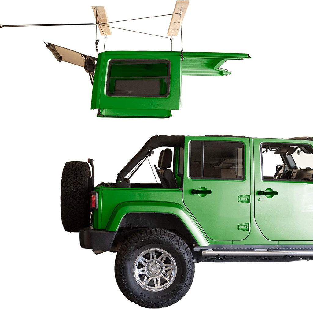 HARKEN - Hardtop Overhead GaraStoraHoist for Jeep Wrangler and Ford Bronco, Self-Leveling, Safe Anti-Drop System, Easy One-Person Operation, (Bonus T Knobs for  Hard Top Removal)