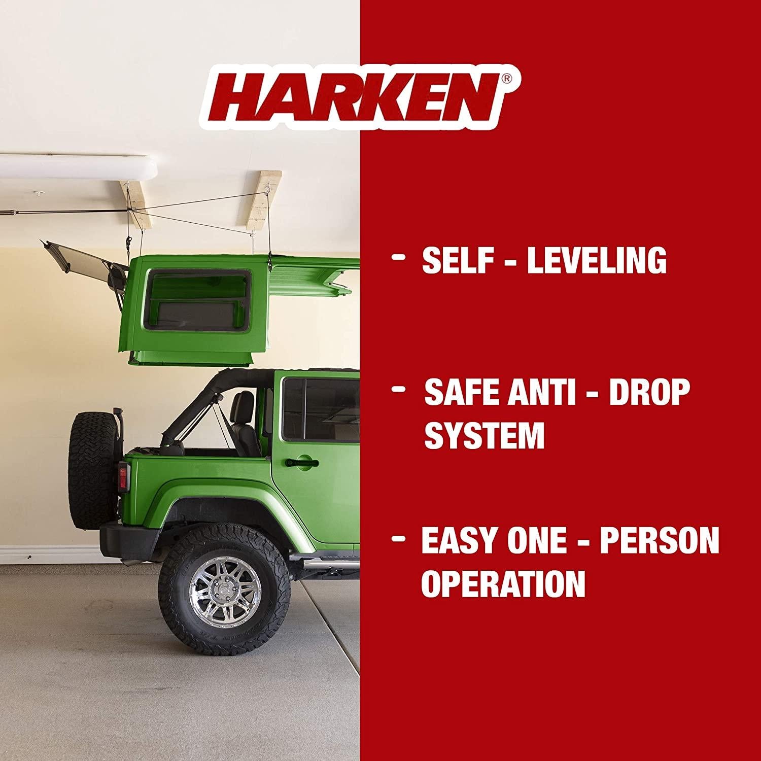 HARKEN - Hardtop Overhead GaraStoraHoist for Jeep Wrangler and Ford Bronco, Self-Leveling, Safe Anti-Drop System, Easy One-Person Operation, (Bonus T Knobs for  Hard Top Removal)
