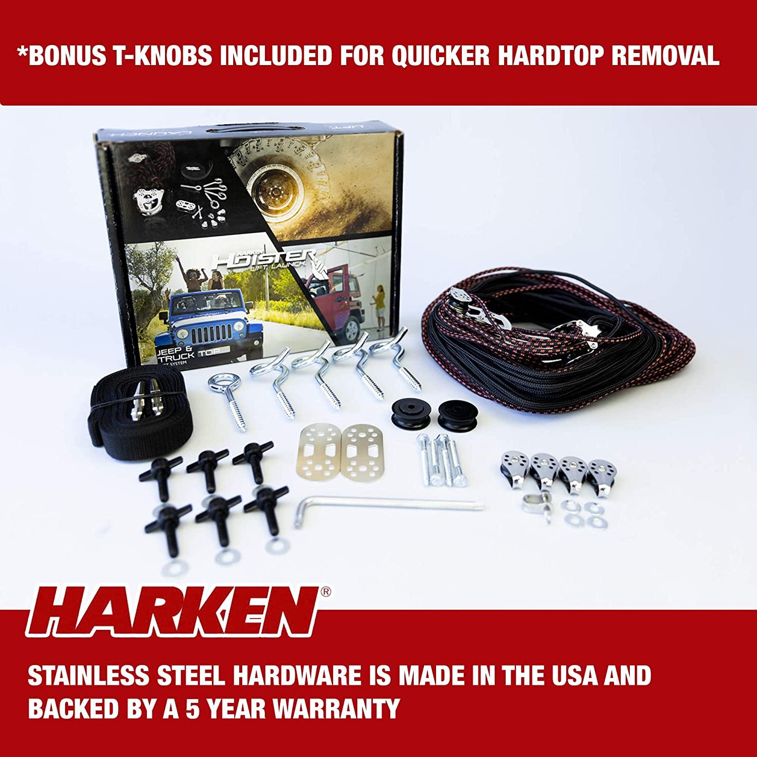 HARKEN - Hardtop Overhead GaraStoraHoist for Jeep Wrangler and Ford Bronco, Self-Leveling, Safe Anti-Drop System, Easy One-Person Operation, (Bonus T Knobs for  Hard Top Removal)