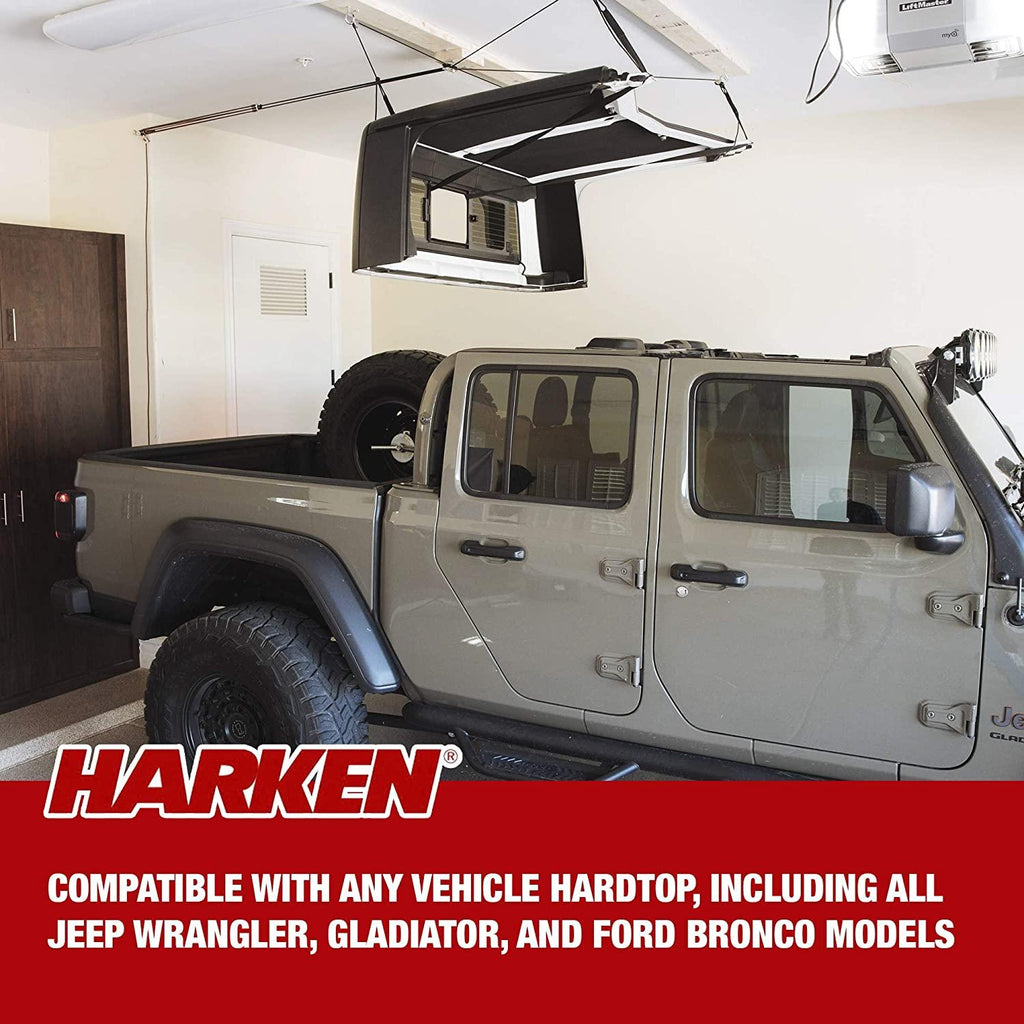 HARKEN - Hardtop Overhead GaraStoraHoist for Jeep Wrangler and Ford Bronco, Self-Leveling, Safe Anti-Drop System, Easy One-Person Operation, (Bonus T Knobs for  Hard Top Removal)