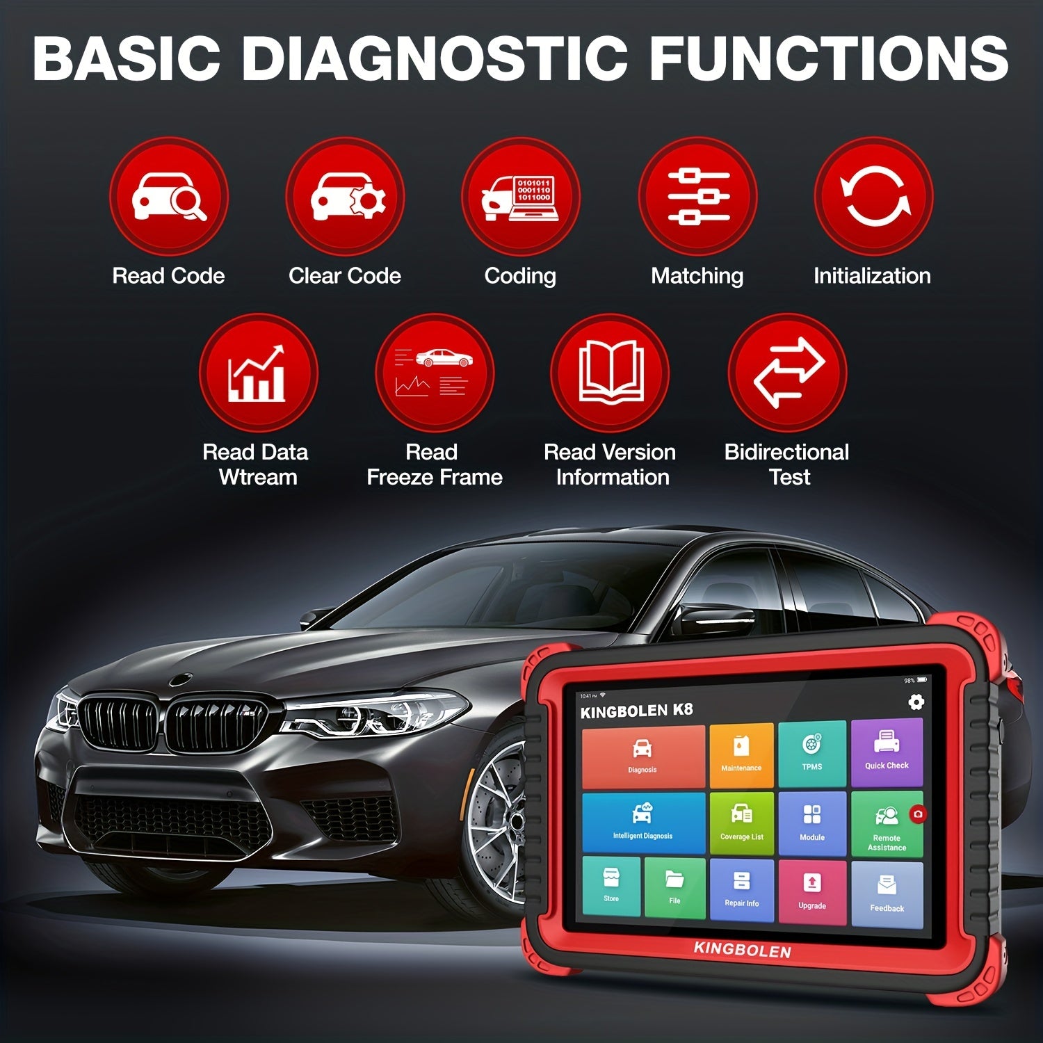KINGBOLEN K8 Auto Full System Diagnostic Tools 28 Reset Function ECU Coding Bi-directionnal 2 Years Update OBD2 Scanner