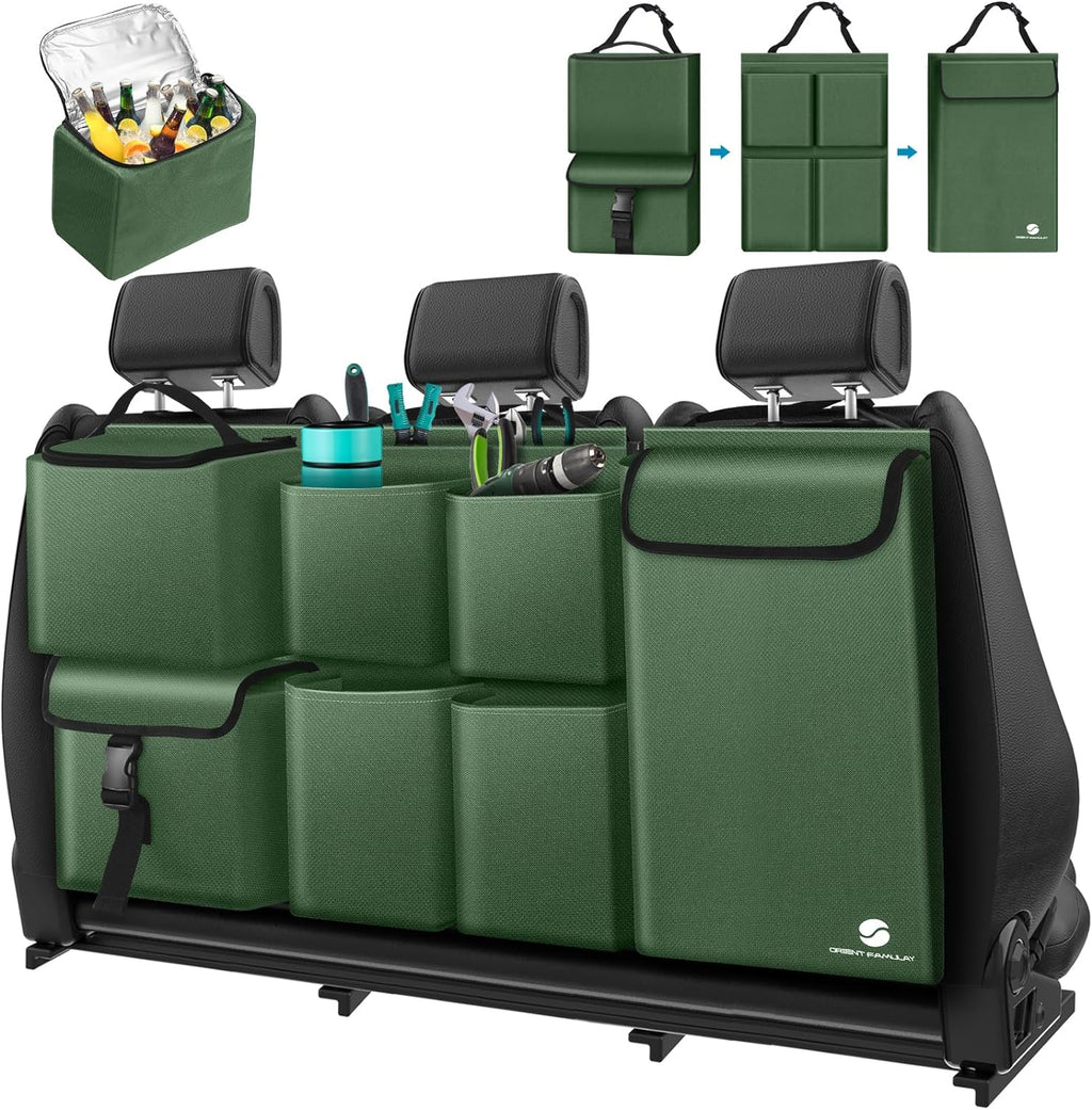 Car Trunk Organizer with Cooler, Hanging Car Organizers and Storage with Large Pockets, Zippers Detachable Seat Back Organizers Storage, Waterproof Car Storage Trunk Organizer for Jeeps, SUVs, Olive