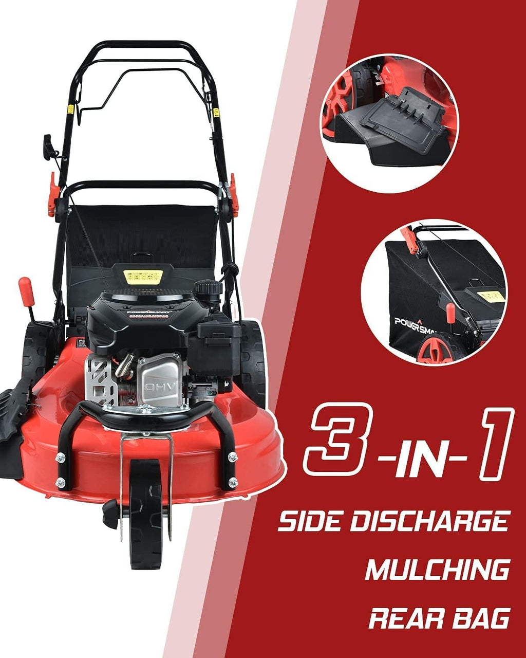 PowerSmart Self Propelled Lawn Mower, 20-Inch & 170CC, 3 Wheels Mowing Easier, 4-Stroke Engine, 3-in-1 Gas Mower with Bag, 8 Adjustable Cutting Height