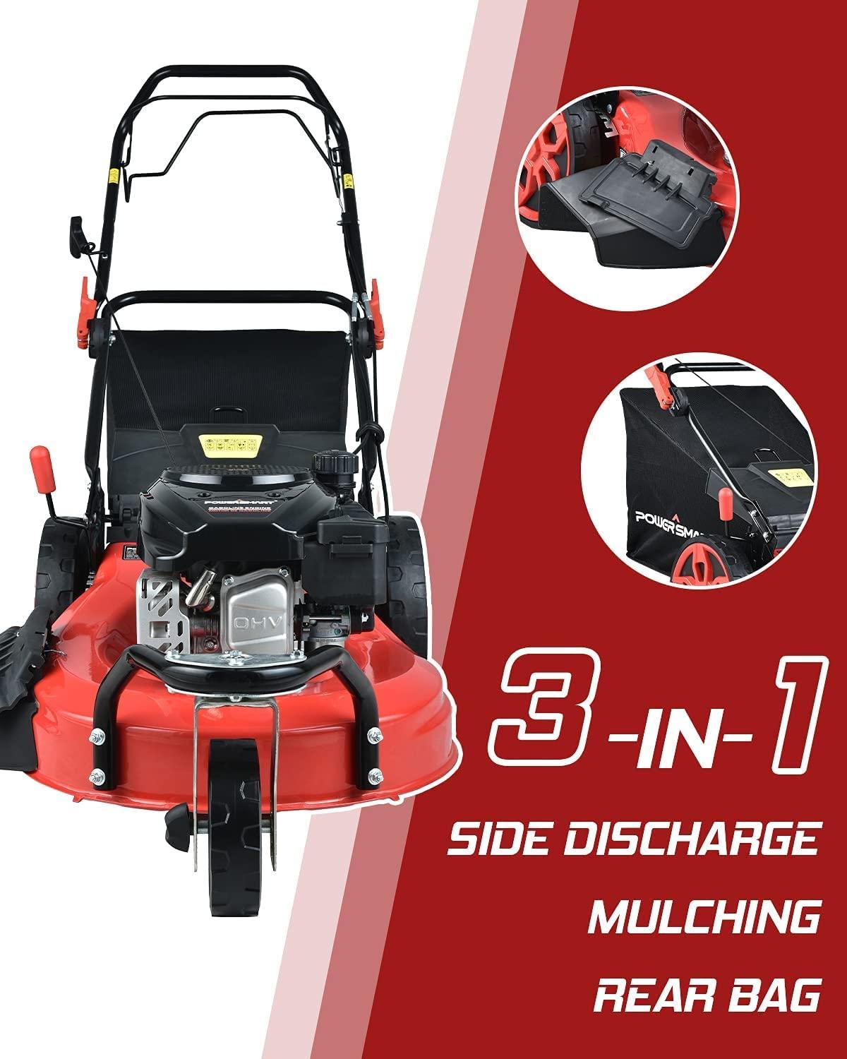 PowerSmart Self Propelled Lawn Mower, 20-Inch & 170CC, 3 Wheels Mowing Easier, 4-Stroke Engine, 3-in-1 Gas Mower with Bag, 8 Adjustable Cutting Height