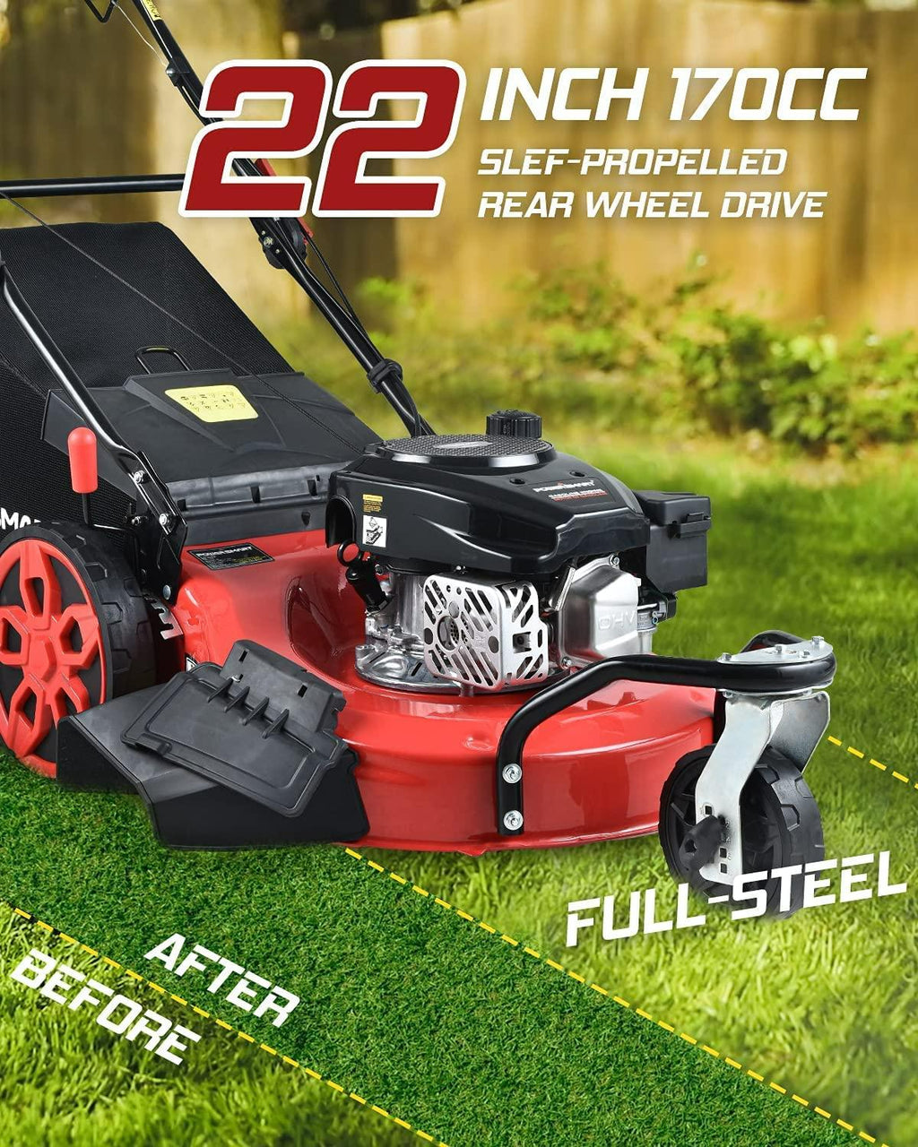 PowerSmart Self Propelled Lawn Mower, 20-Inch & 170CC, 3 Wheels Mowing Easier, 4-Stroke Engine, 3-in-1 Gas Mower with Bag, 8 Adjustable Cutting Height