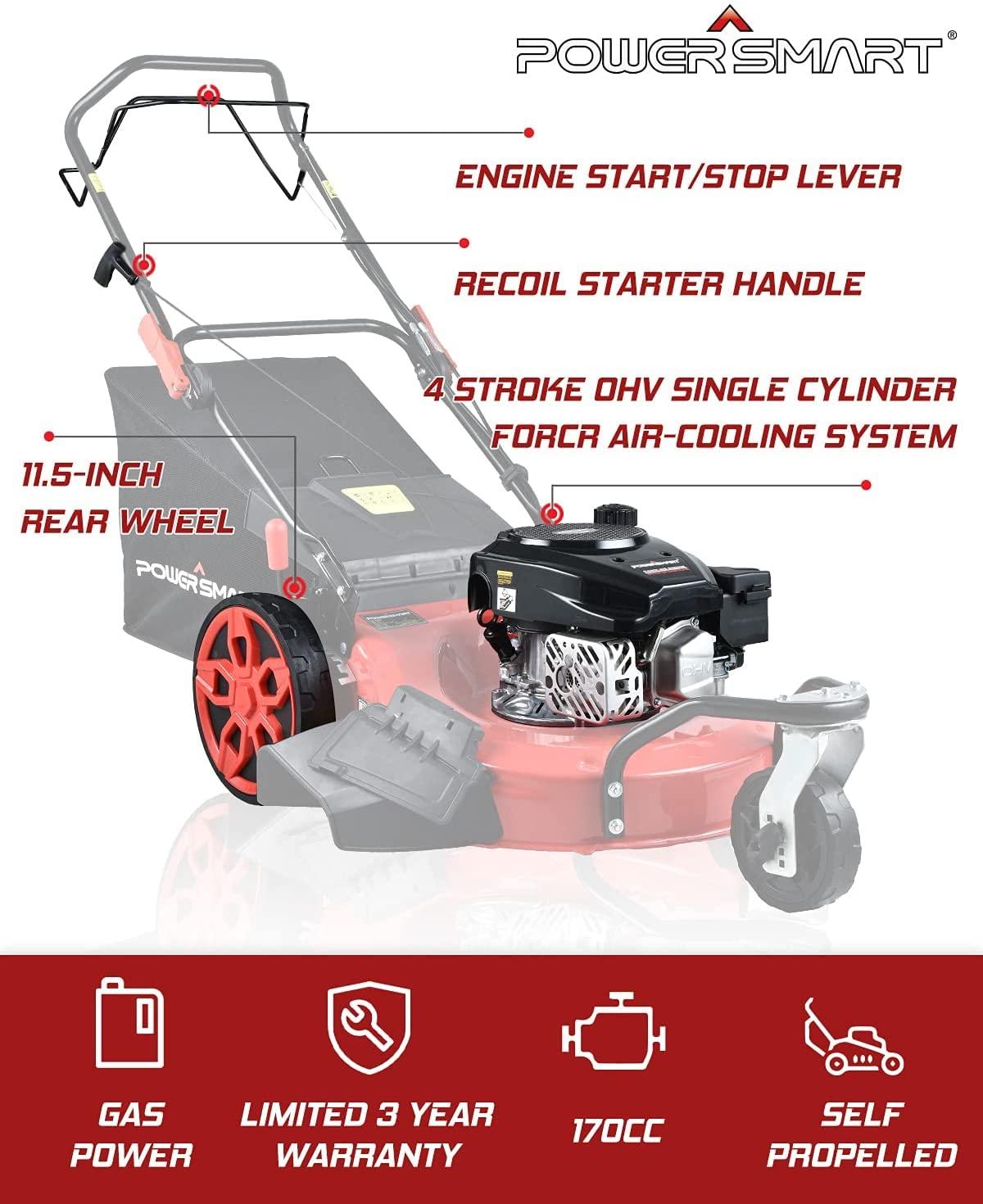 PowerSmart Self Propelled Lawn Mower, 20-Inch & 170CC, 3 Wheels Mowing Easier, 4-Stroke Engine, 3-in-1 Gas Mower with Bag, 8 Adjustable Cutting Height