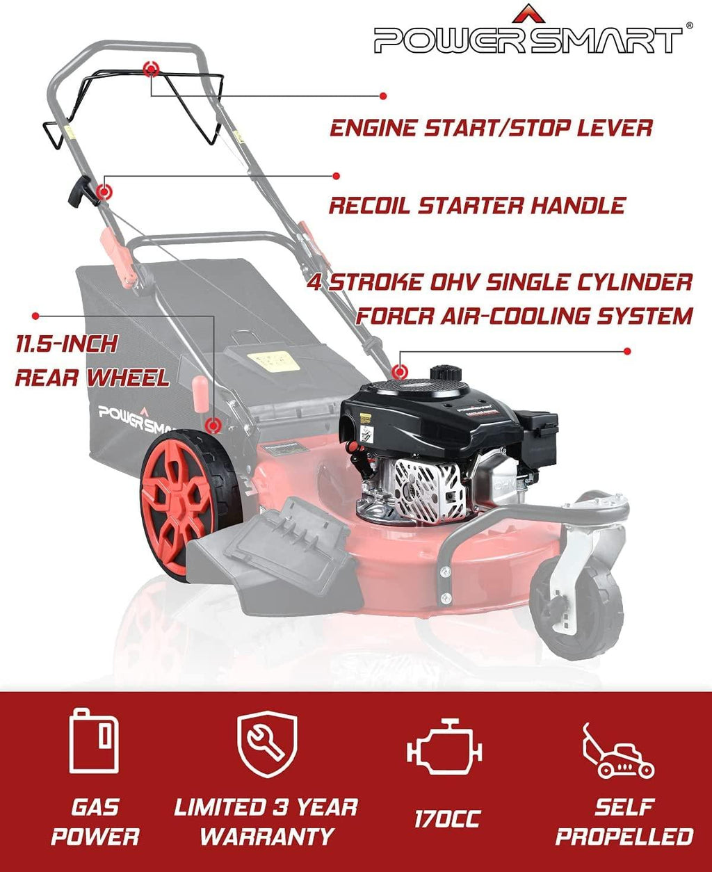 PowerSmart Self Propelled Lawn Mower, 20-Inch & 170CC, 3 Wheels Mowing Easier, 4-Stroke Engine, 3-in-1 Gas Mower with Bag, 8 Adjustable Cutting Height