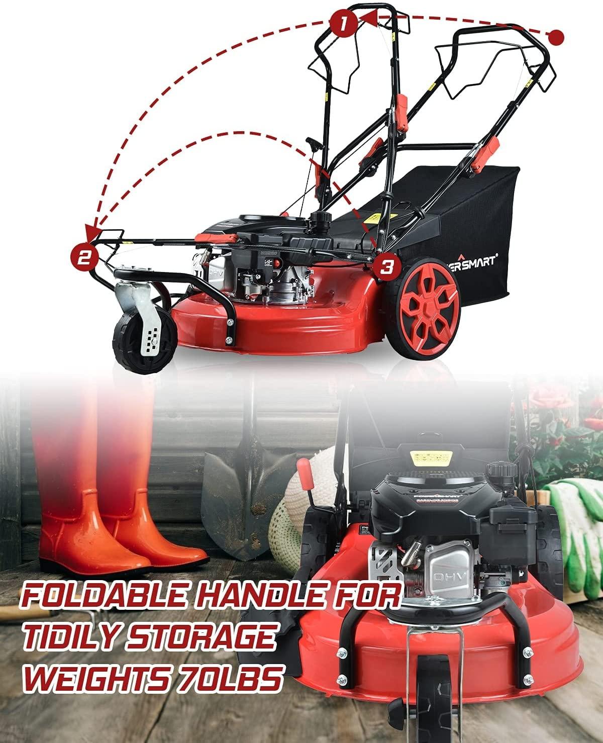 PowerSmart Self Propelled Lawn Mower, 20-Inch & 170CC, 3 Wheels Mowing Easier, 4-Stroke Engine, 3-in-1 Gas Mower with Bag, 8 Adjustable Cutting Height