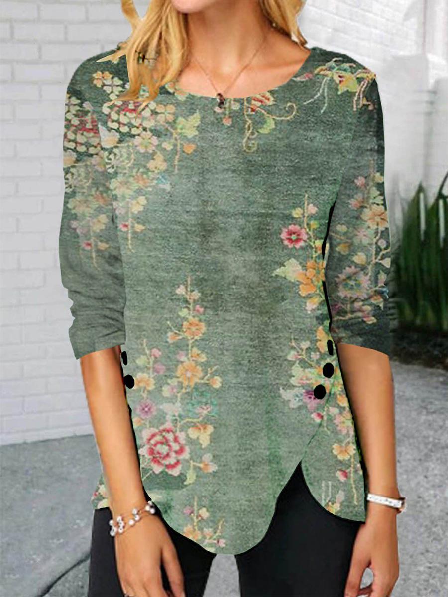 Women's Casual Printed Decorative Buttons T-shirt