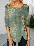 Women's Casual Printed Decorative Buttons T-shirt