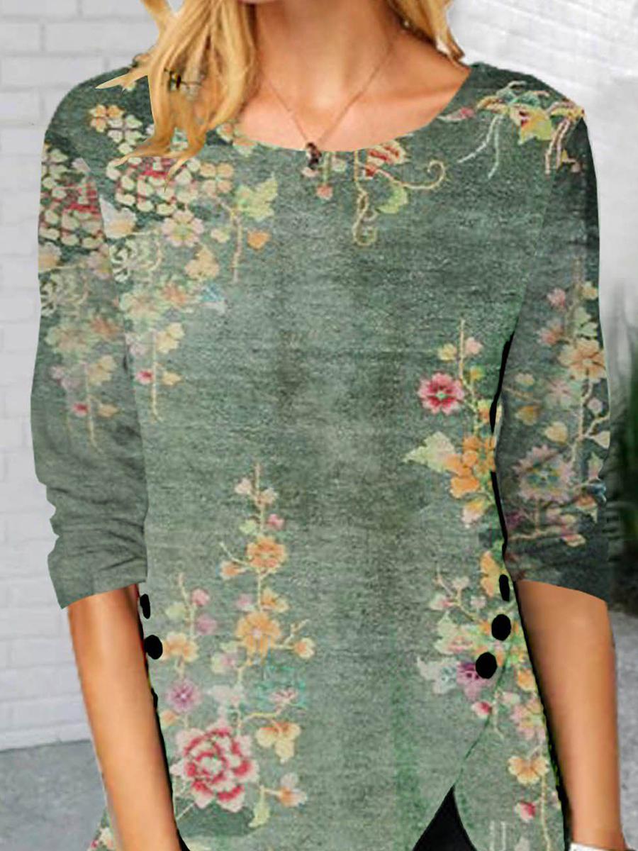 Women's Casual Printed Decorative Buttons T-shirt