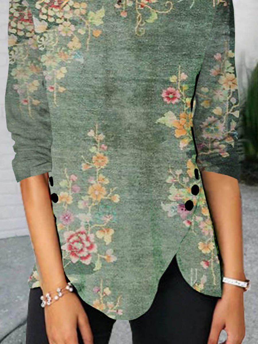 Women's Casual Printed Decorative Buttons T-shirt