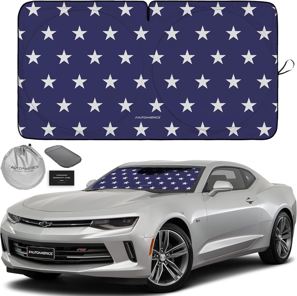Autoamerics 1-Piece Windshield Sun Shade American Stars Flag USA Patriotic  - Foldable Car Front Window Sunshade for Sedans SUV Truck - Blocks Max UV Rays and Keeps Your Vehicle Cool - Small