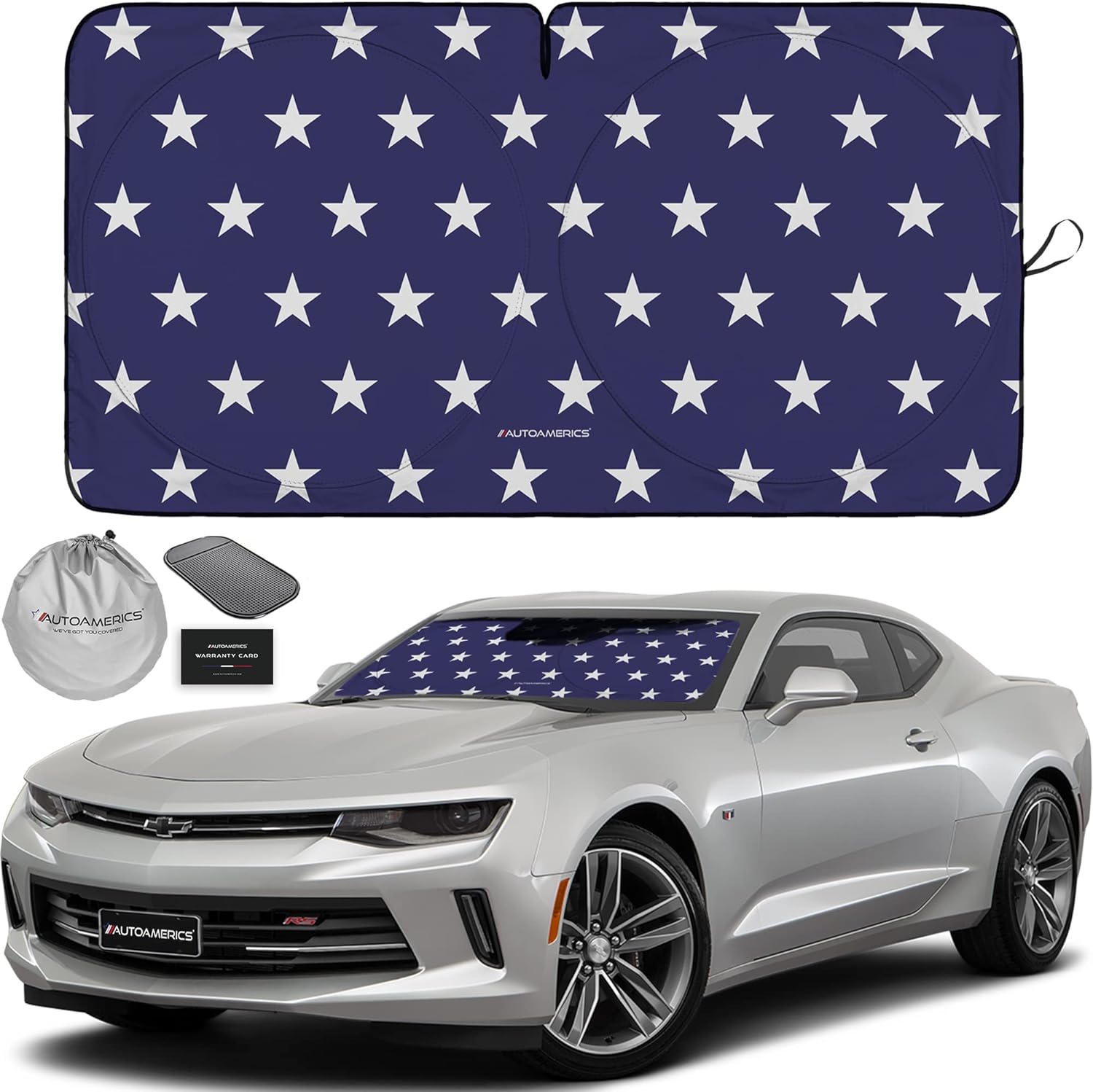 Autoamerics 1-Piece Windshield Sun Shade American Stars Flag USA Patriotic  - Foldable Car Front Window Sunshade for Sedans SUV Truck - Blocks Max UV Rays and Keeps Your Vehicle Cool - Small