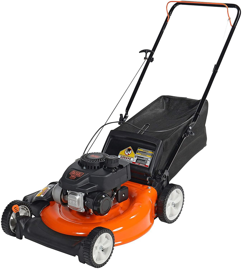 BLACK+DECKER 21 Inch 140cc 3-in-1 Gas Powered Walk Behind Push Mower - Side Discharge, Mulching, and Bagging Capabilities, Black and Orange