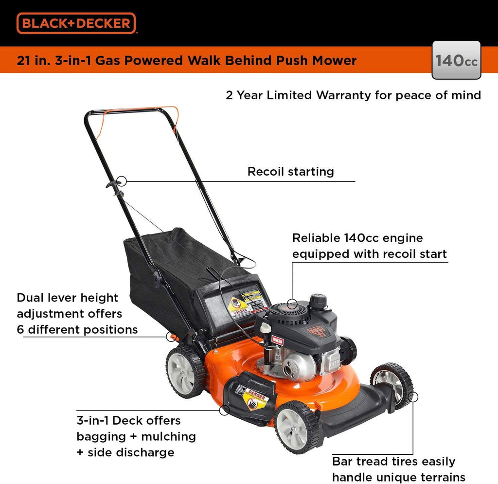 BLACK+DECKER 21 Inch 140cc 3-in-1 Gas Powered Walk Behind Push Mower - Side Discharge, Mulching, and Bagging Capabilities, Black and Orange