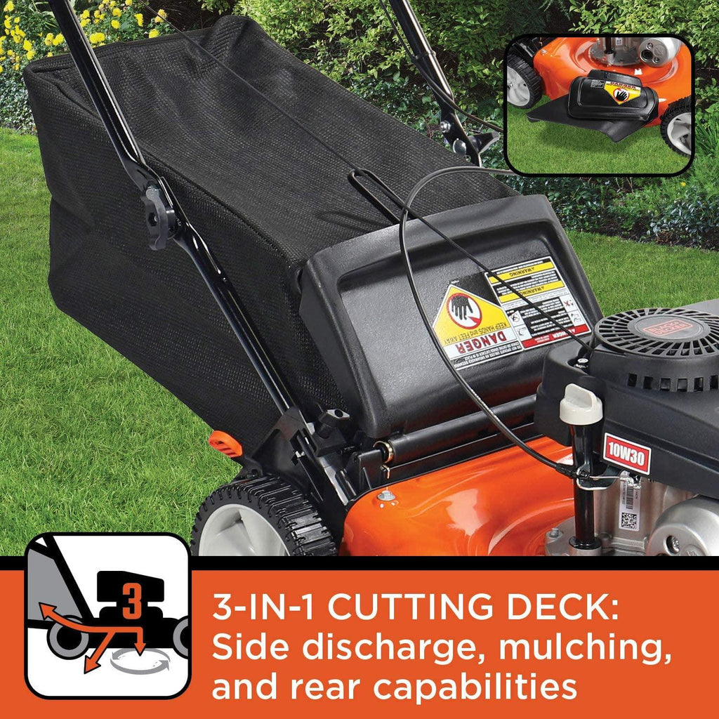 BLACK+DECKER 21 Inch 140cc 3-in-1 Gas Powered Walk Behind Push Mower - Side Discharge, Mulching, and Bagging Capabilities, Black and Orange