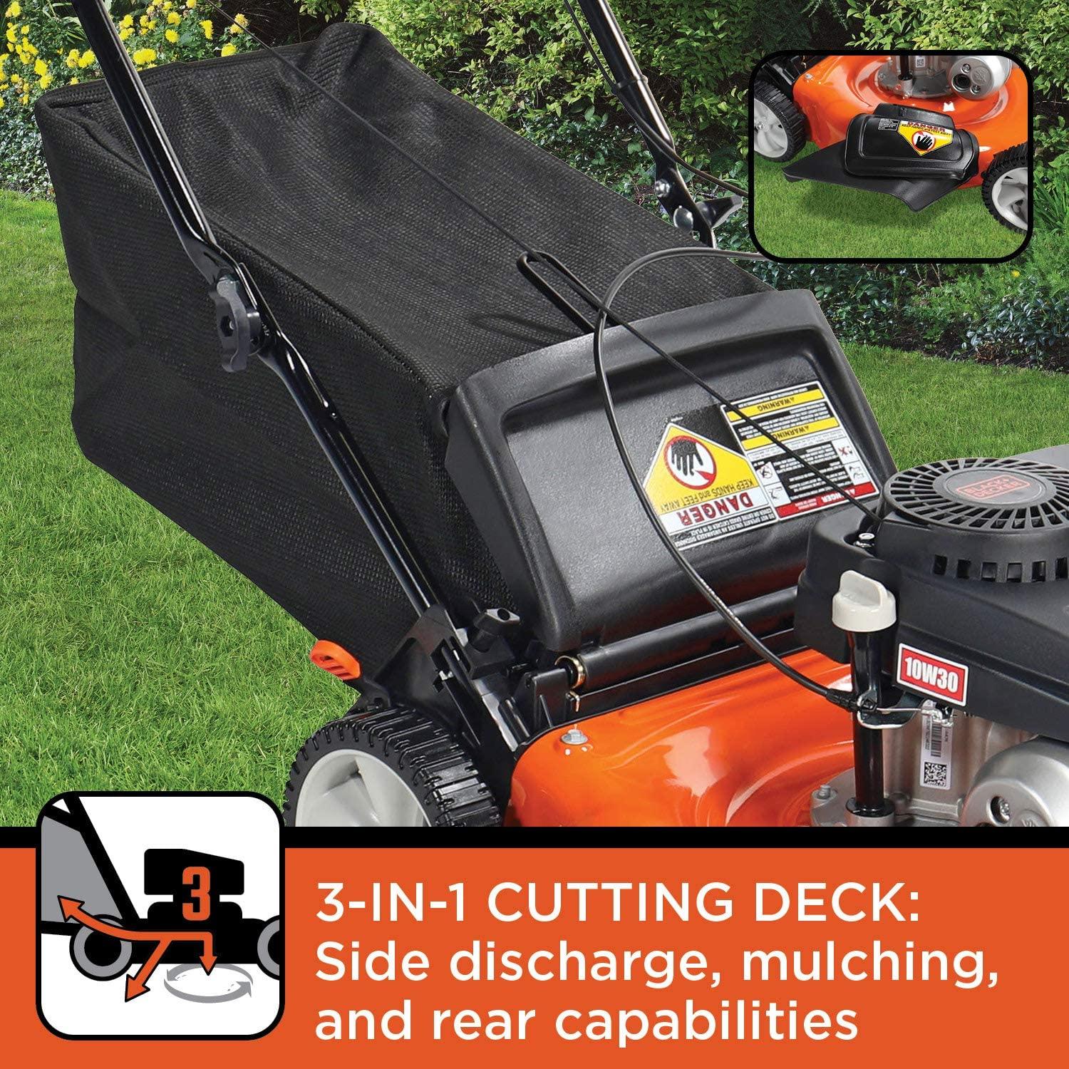 BLACK+DECKER 21 Inch 140cc 3-in-1 Gas Powered Walk Behind Push Mower - Side Discharge, Mulching, and Bagging Capabilities, Black and Orange