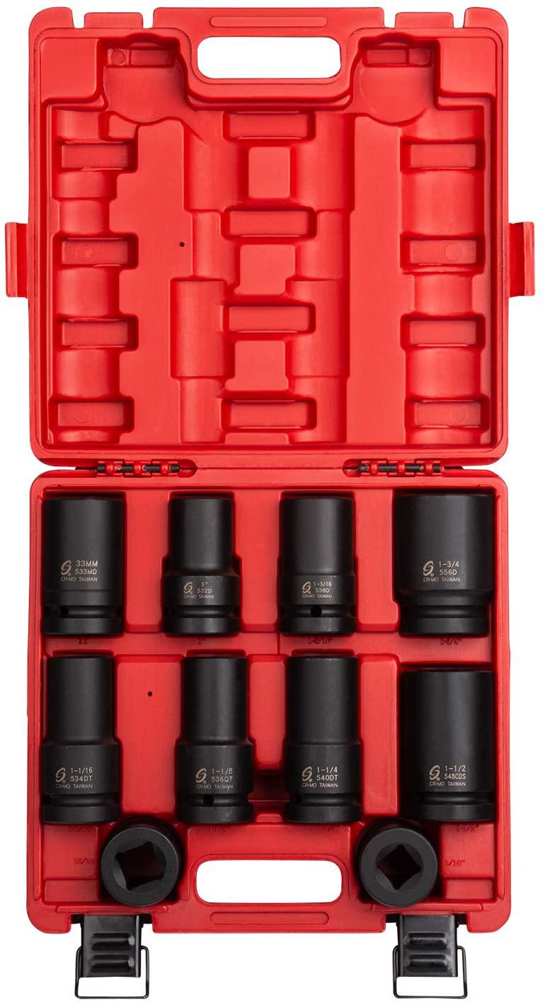 Sunex 5690A, 1 Inch Drive Heavy Duty Wheel Impact Socket Set, 10-Piece, SAE/Metric, Deep/Deep Thin Wall/Square/Controlled Depth, Cr-Mo Steel, Heavy Duty StoraCase