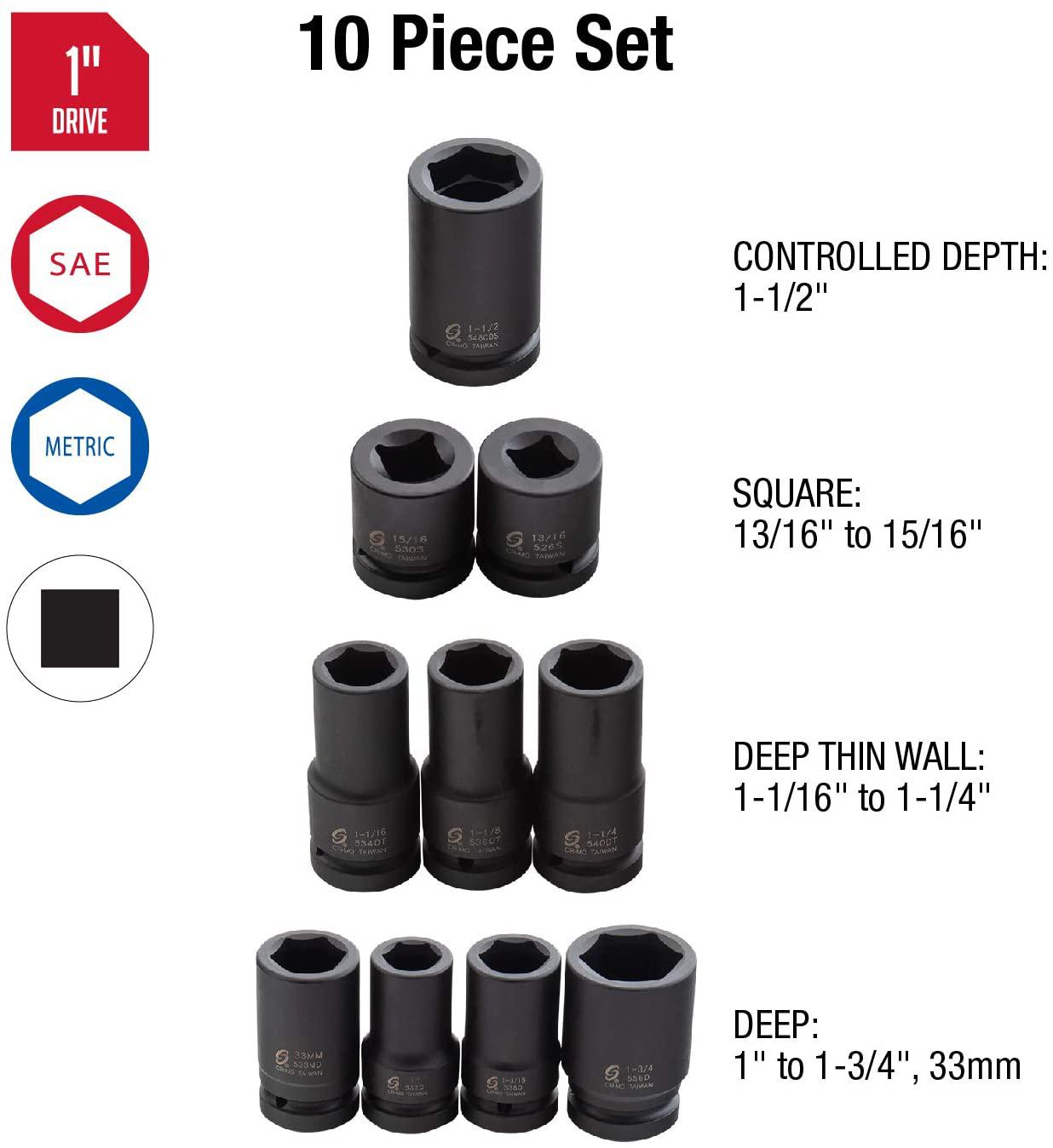 Sunex 5690A, 1 Inch Drive Heavy Duty Wheel Impact Socket Set, 10-Piece, SAE/Metric, Deep/Deep Thin Wall/Square/Controlled Depth, Cr-Mo Steel, Heavy Duty StoraCase