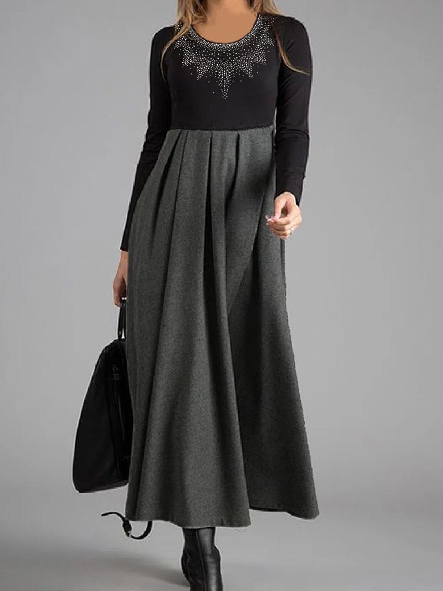 Round Neck Print Stitching Casual Long-sleeved Maxi Dress