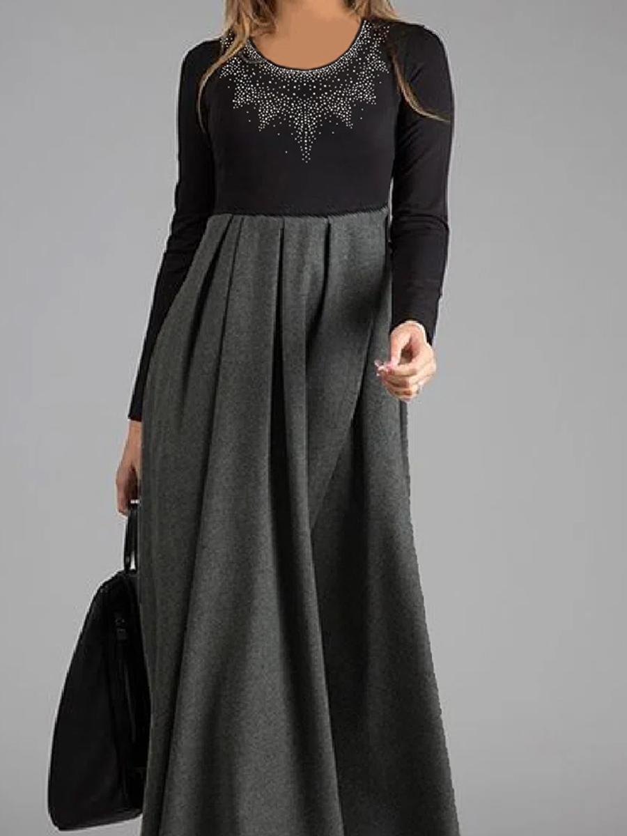 Round Neck Print Stitching Casual Long-sleeved Maxi Dress