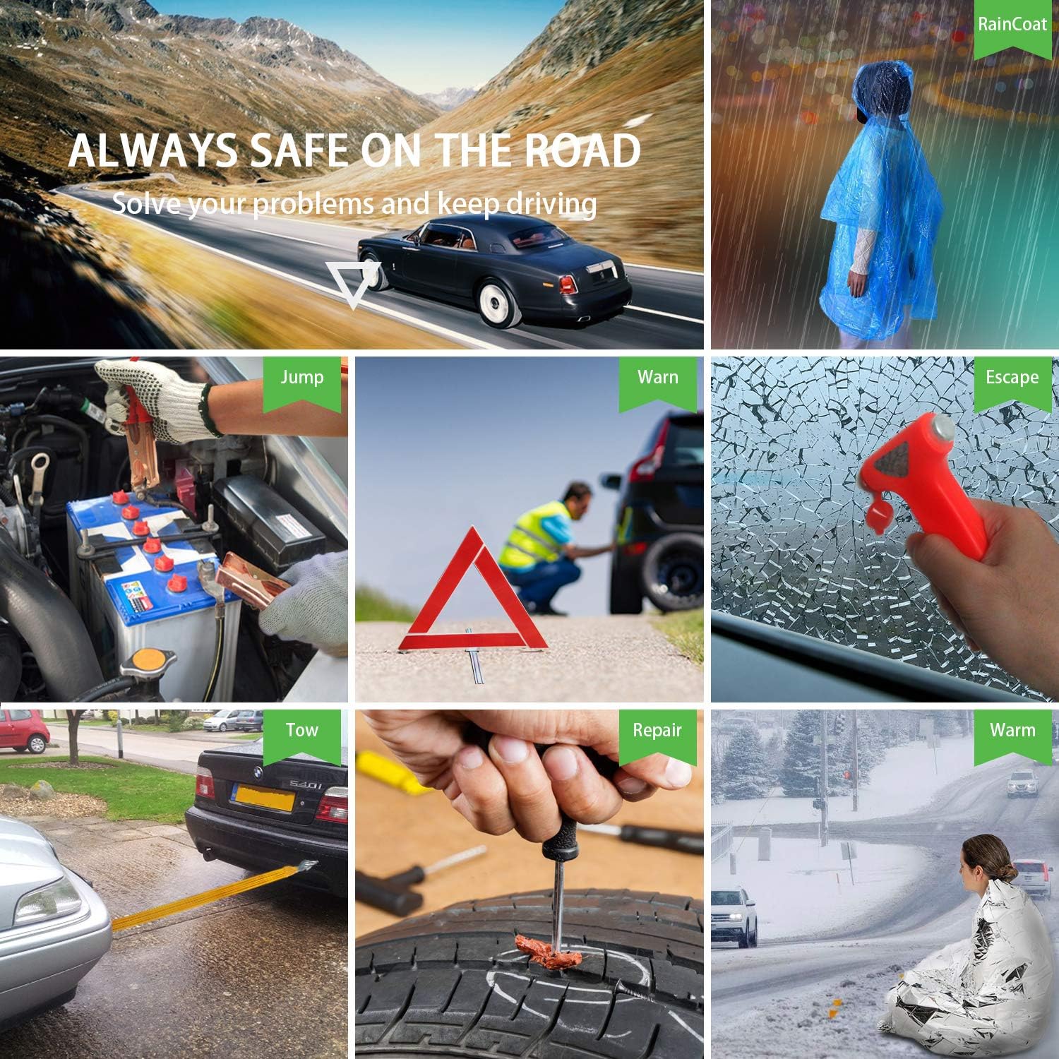 STDY Car Roadside Emergency Kit, Auto Vehicle Truck Safety Kit - with Jumper Cables, Car Repair Tool Set, Tow Rope, Reflective Triangle, etc