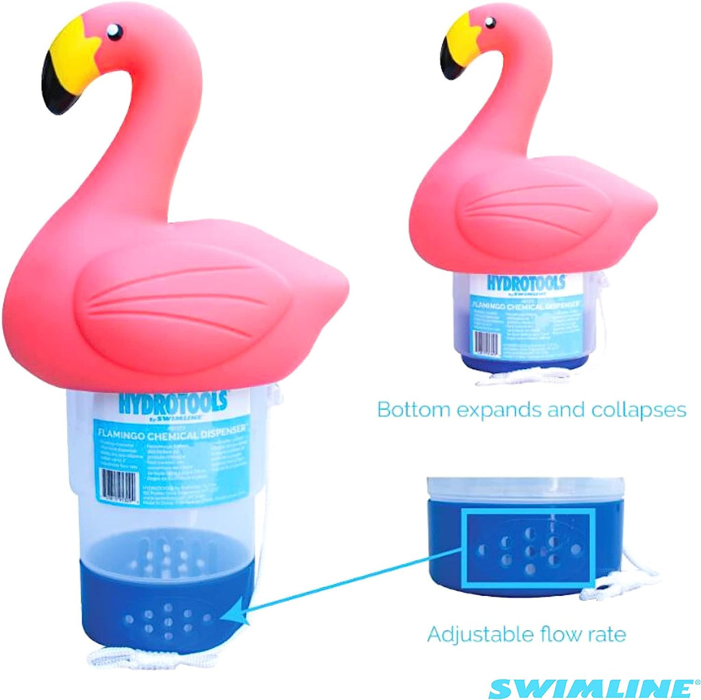 SWIMLINE HYDROTOOLS 87273 Flamingo Large Capacity Pool &amp; Spa Chemical Dispenser | Compatible With Bromine &amp; Chlorine Supports 1-3’’ Tablets | Adjustable For Customizable Flow Rate | Cost Effective