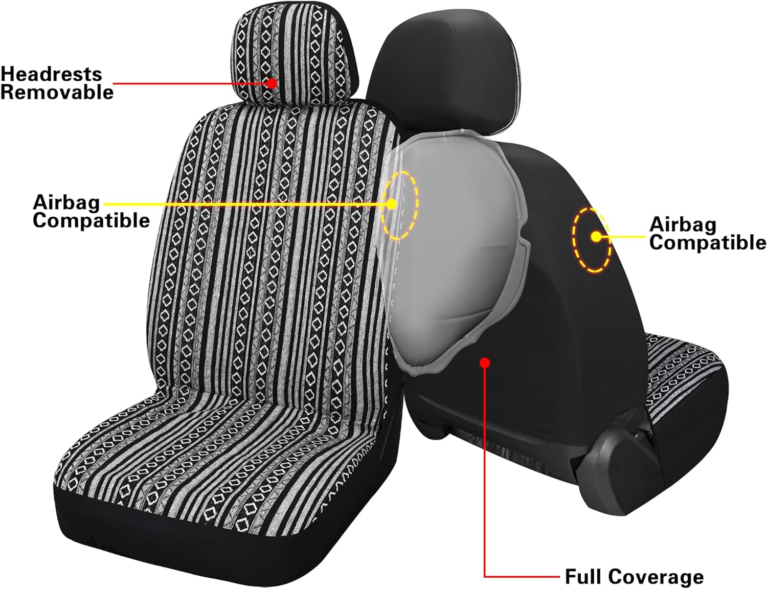 Pariitadin Baja Saddle Blanket Car Seat Covers Front Set with Seat Belt Pads, Washable Breathable Striped Woven Cloth Seat Covers for Cars, Universal Fit Most Cars, Airbag Compatible, Black/White